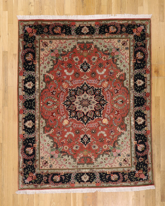 Very Fine Tabrize 4'10 x 6'1 Lamb's Wool Pile Silk Highlights Cotton Foundation Hand Knotted in Iran