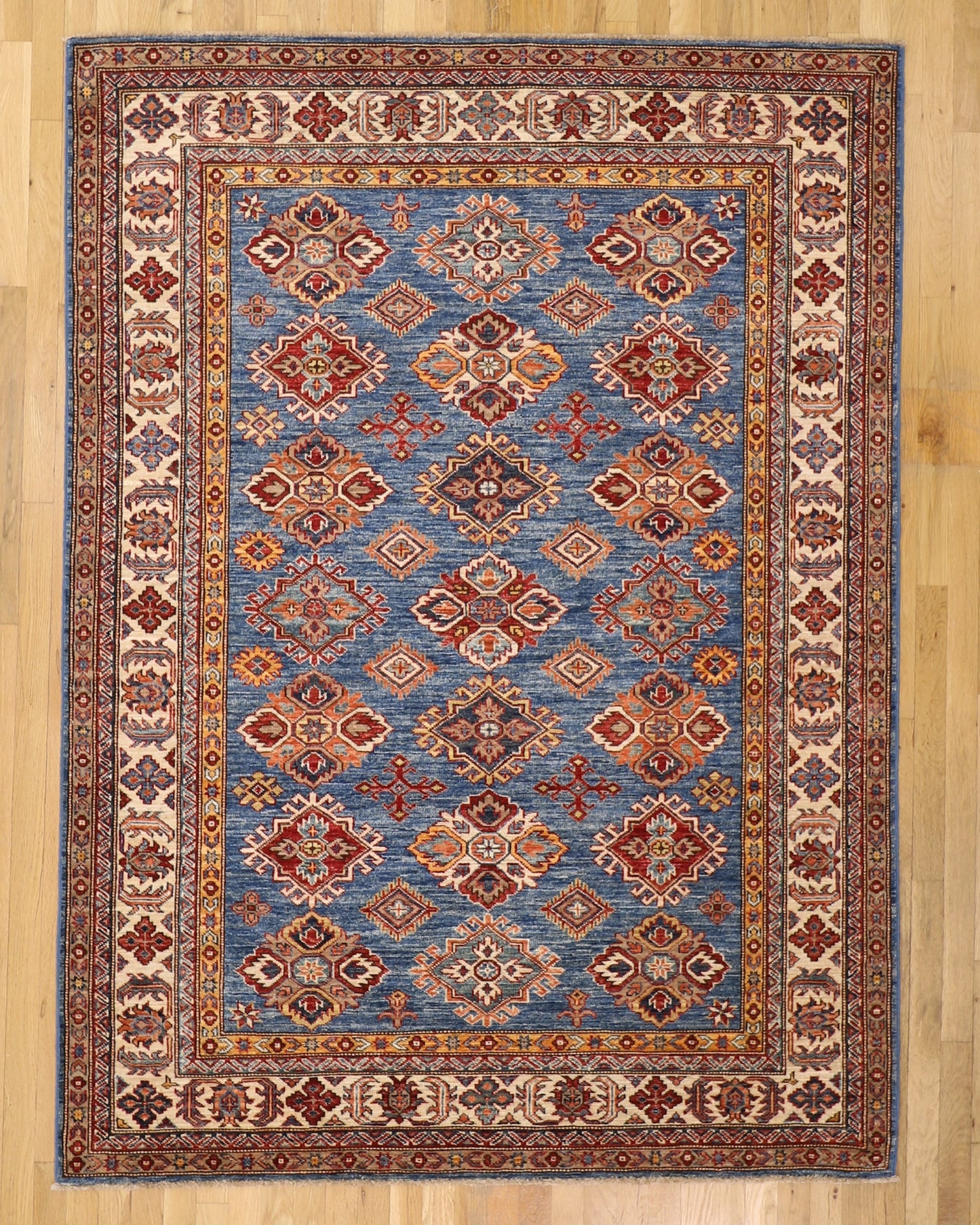 Tribal 5' x 6'8  Lambs Wool Rug Kazakh Hand Knotted in Pakistan