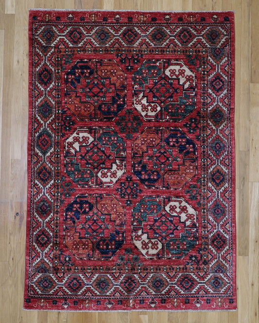 Fine Tribal 4' x 5'8 Hand Knotted Wool Rug Cotton Foundation Pakistani